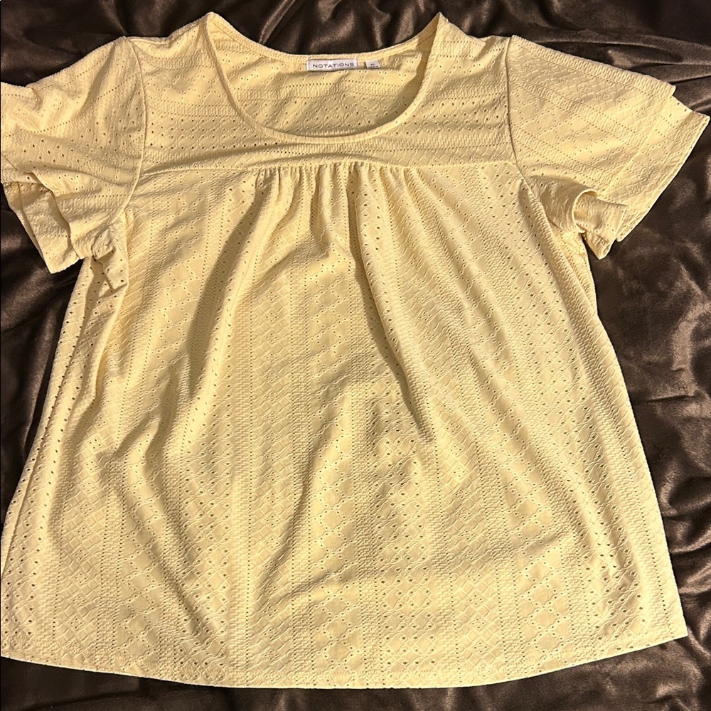 Notations Pale Yellow Eyelet Short Sleeve Scoop Top